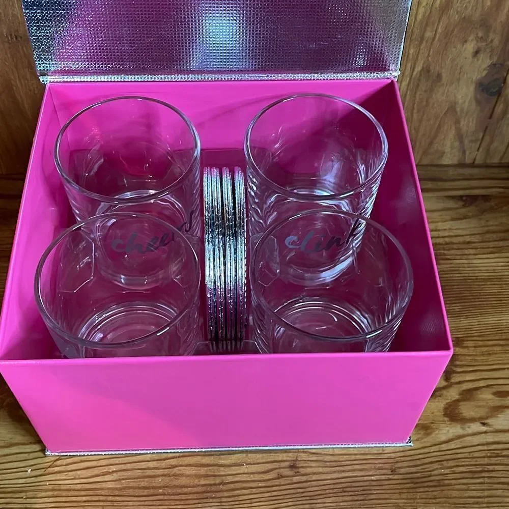 4 Low Ball‎ Drinks Part 10oz set cheers pop fizz clink with silver coasters